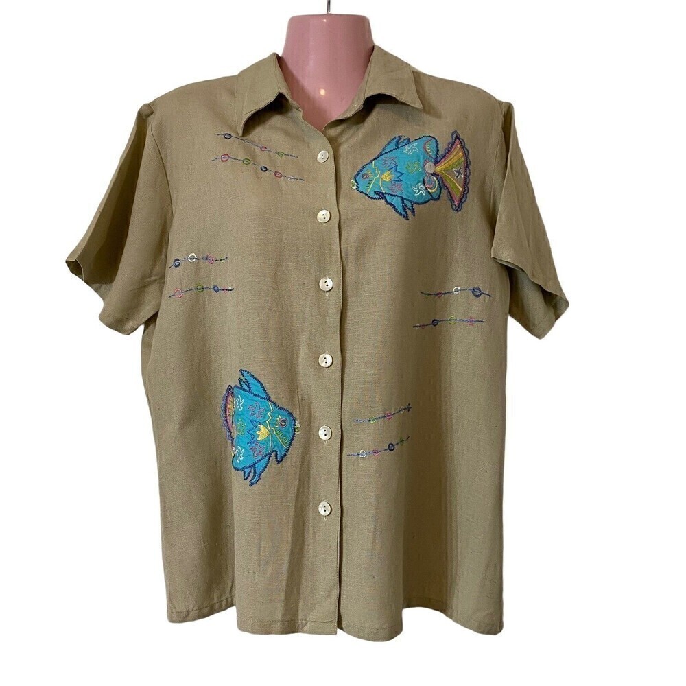 J Gee Shirt Blouse Womens Size L Beige Linen Blend Embroidered Fish NOS